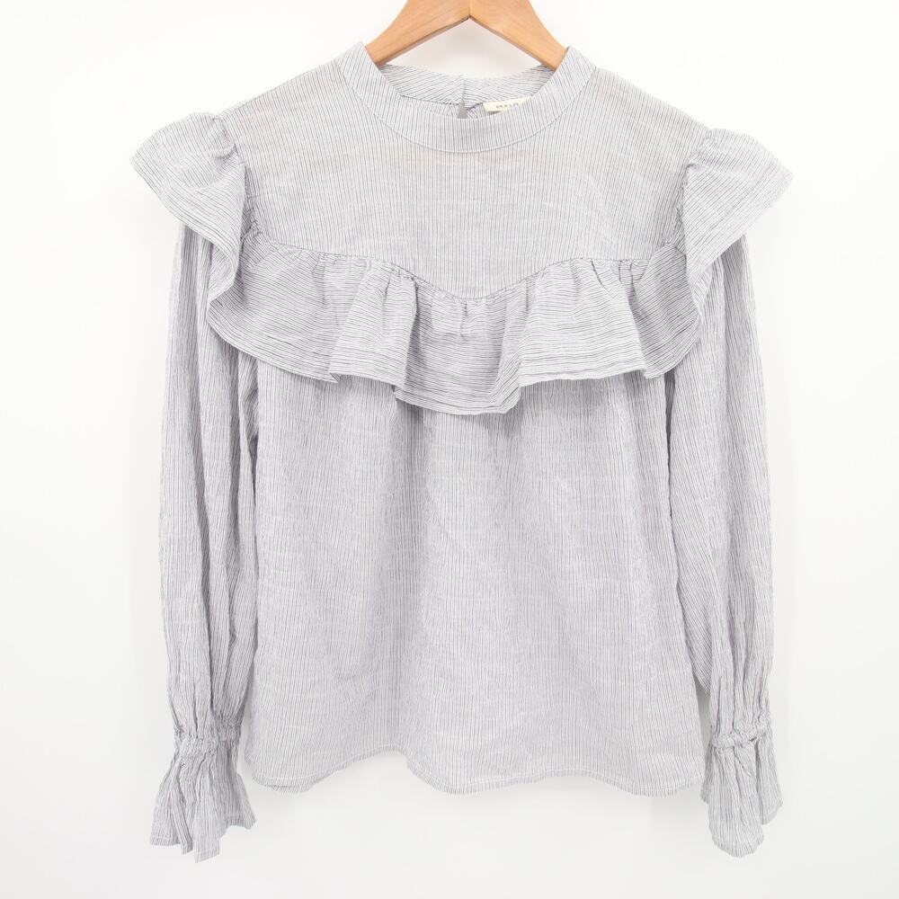 ANA Blouse White Gray Striped Ruffle Detail Long Sleeve Round Neck Cotton 0X